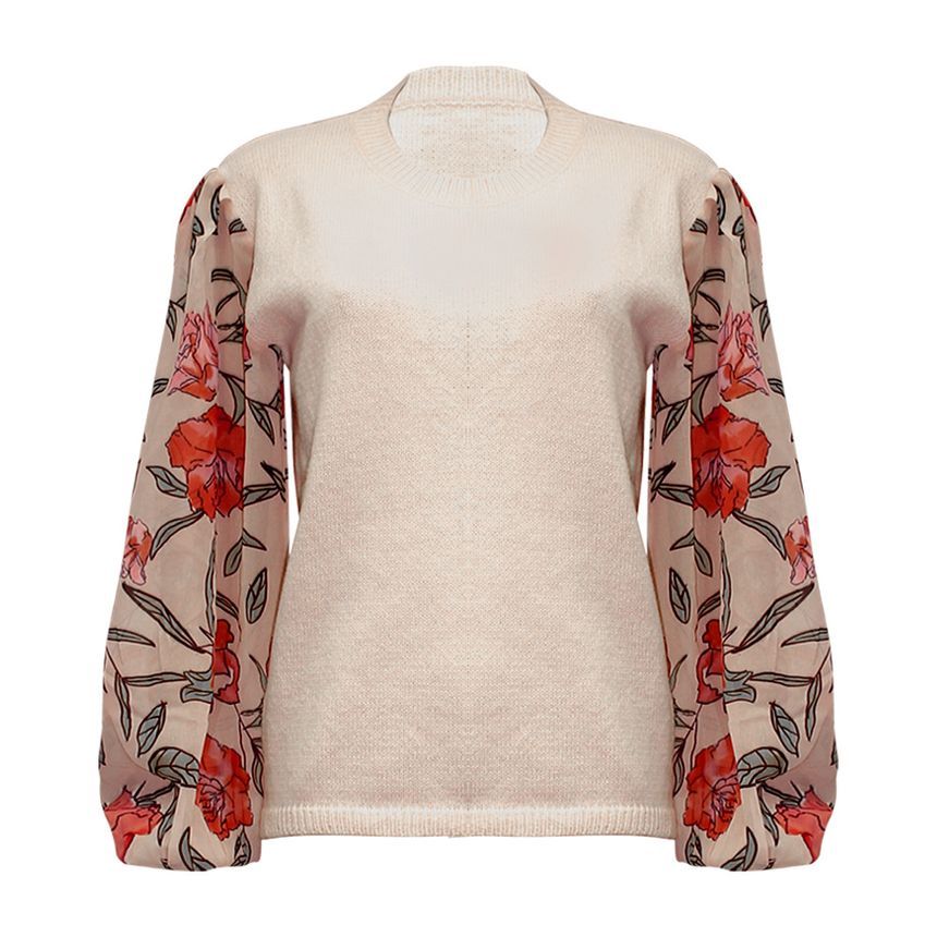 Long-Sleeve Floral Panel Knit Top CA26