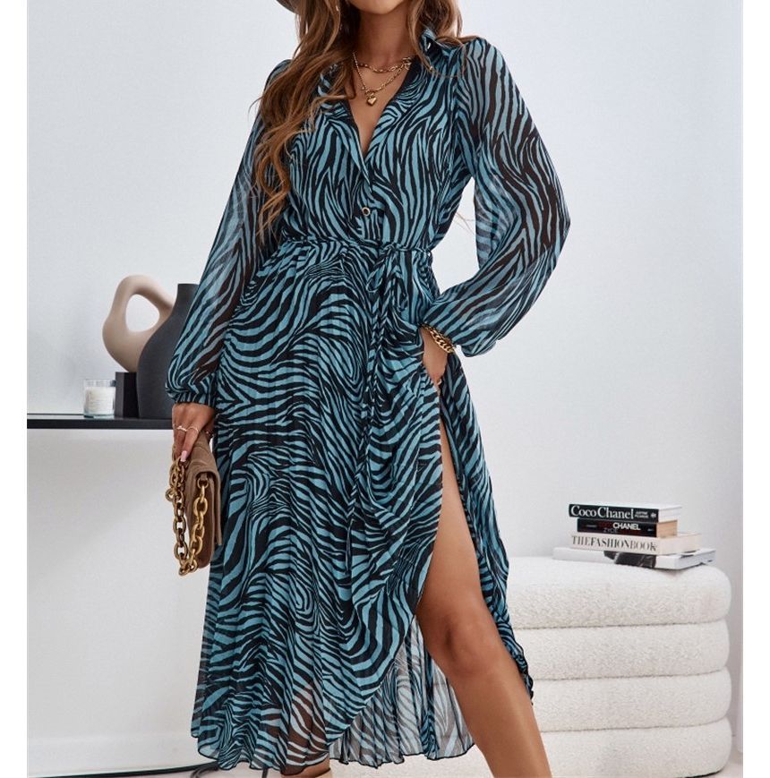 Long-Sleeve Collar Print Slit Sashed Midi A-Line Dress OP59