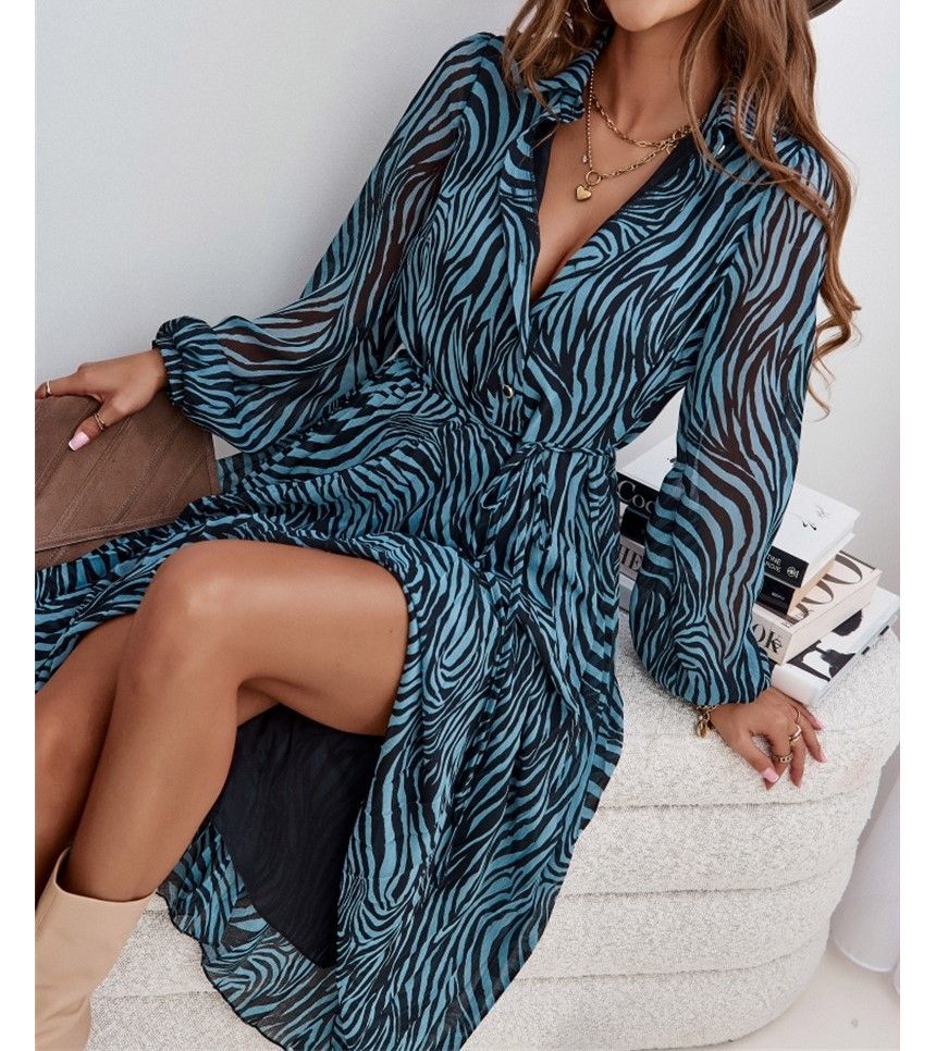 Long-Sleeve Collar Print Slit Sashed Midi A-Line Dress OP59