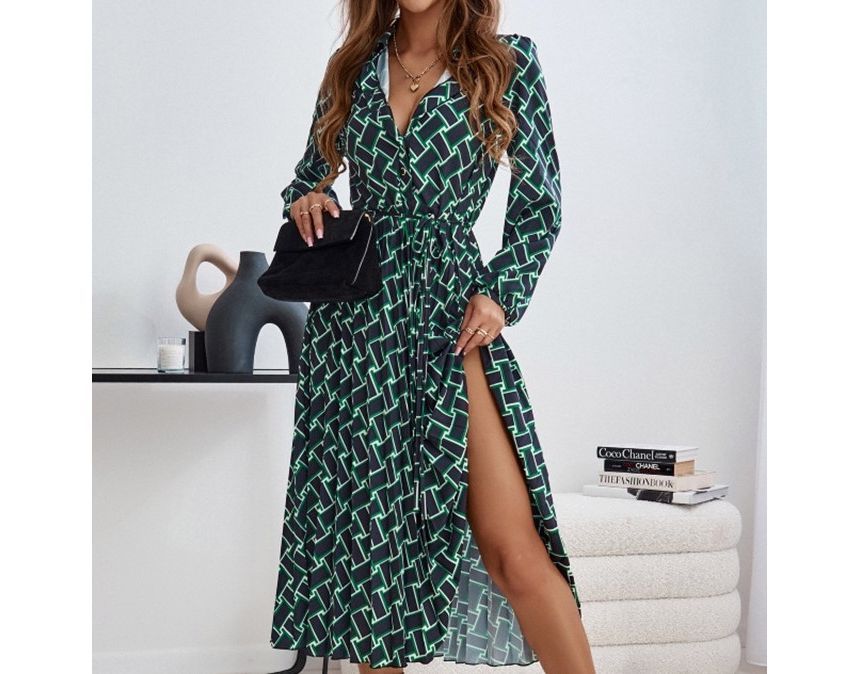 Long-Sleeve Collar Print Slit Sashed Midi A-Line Dress OP59