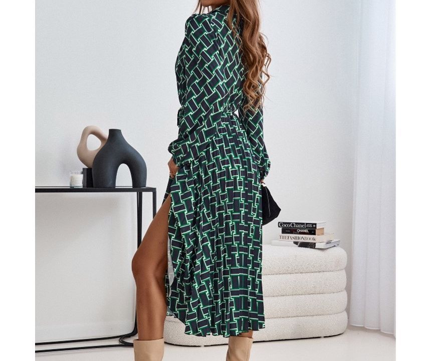 Long-Sleeve Collar Print Slit Sashed Midi A-Line Dress OP59