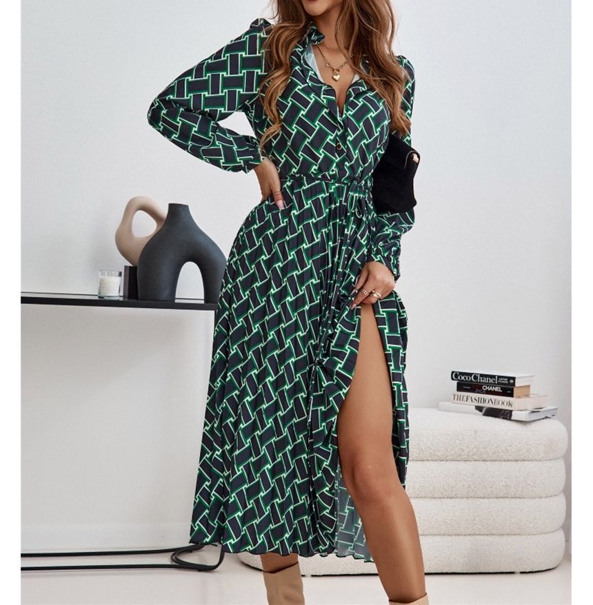 Long-Sleeve Collar Print Slit Sashed Midi A-Line Dress OP59