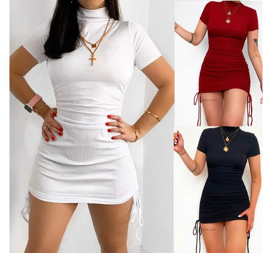 Short-Sleeve Mock Neck Plain Drawstring Mini Knit Sheath Dress OP62