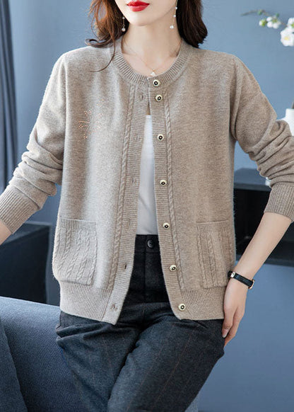 Light Camel Pockets Patchwork Wool Cardigans O-Neck Button Fall Ada Fashion