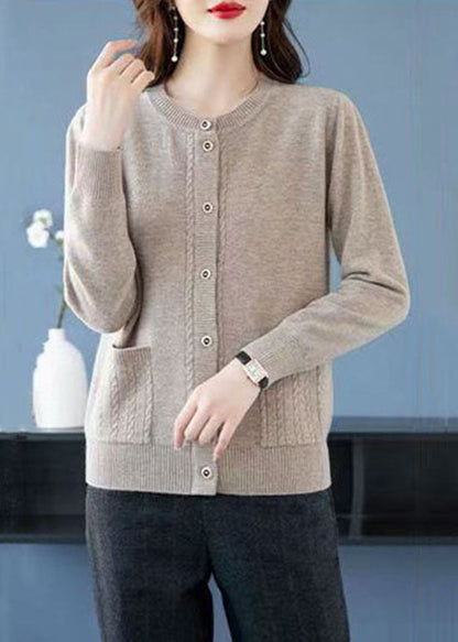 Light Camel Pockets Patchwork Wool Cardigans O-Neck Button Fall Ada Fashion