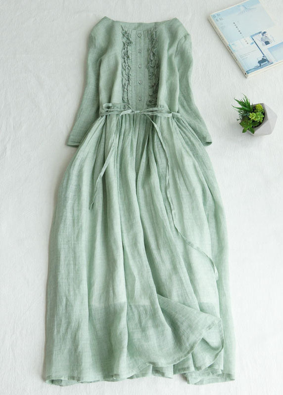 Light Green Patchwork Linen Dresses Ruffled Button Summer Ada Fashion