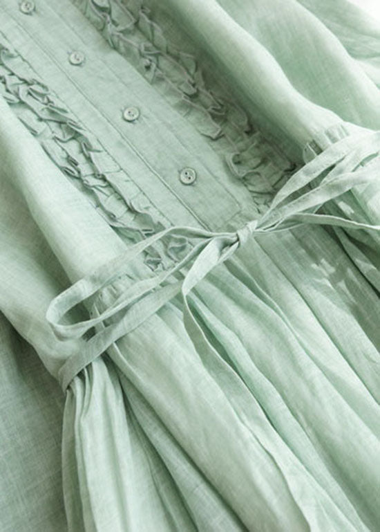 Light Green Patchwork Linen Dresses Ruffled Button Summer Ada Fashion