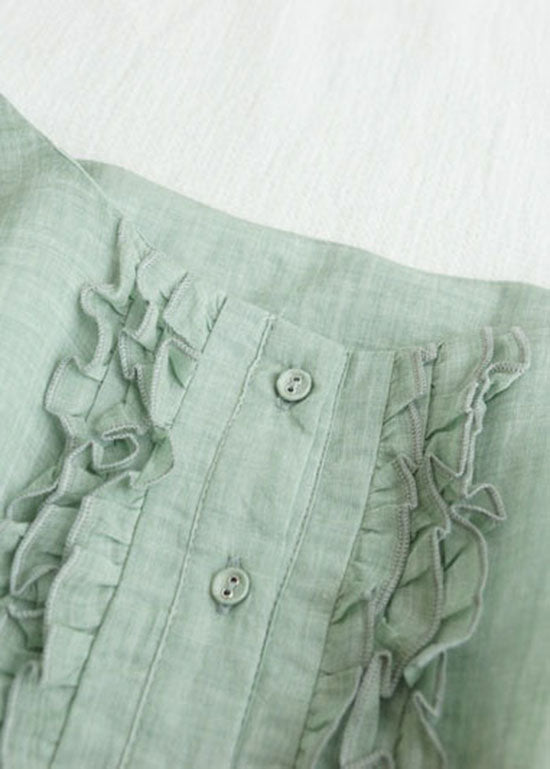 Light Green Patchwork Linen Dresses Ruffled Button Summer Ada Fashion