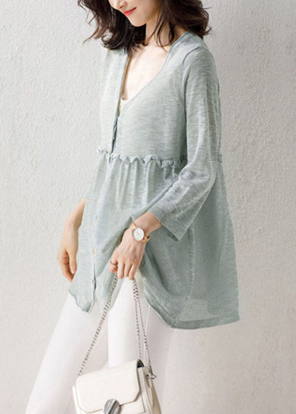 Light Green Patchwork Thin Knit Cardigan V Neck Ruffled Summer Ada Fashion