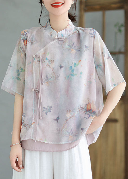 Light Purple Patchwork Cotton Blouses Tasseled Chinese Button Summer LY3969