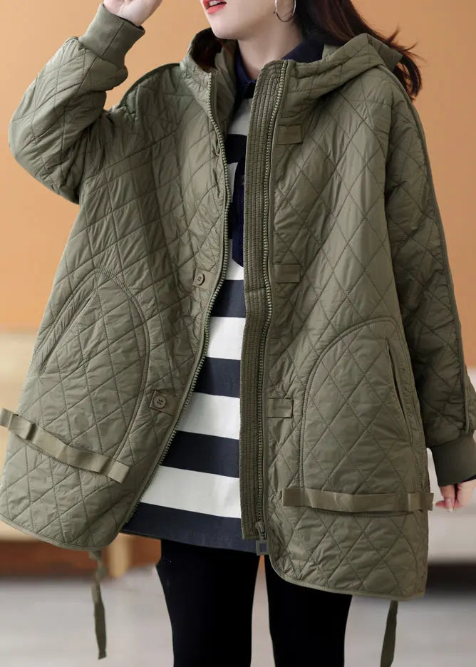 Loose Army Green Hooded Pockets Cotton Filled Parka Winter Ada Fashion