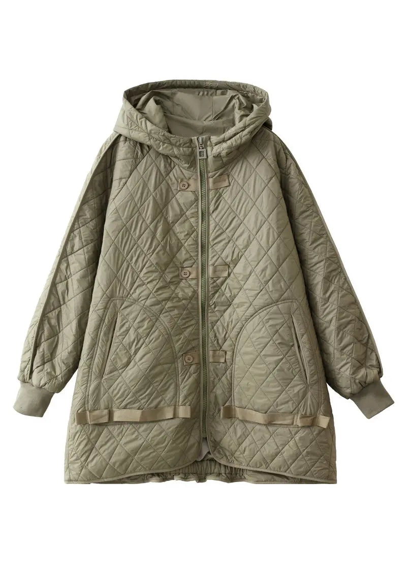 Loose Army Green Hooded Pockets Cotton Filled Parka Winter Ada Fashion