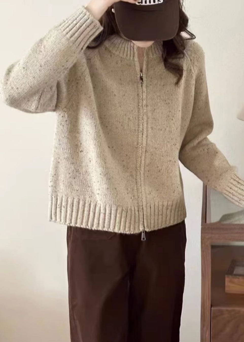 Loose Beige Cozy Knit Coats Long Sleeve