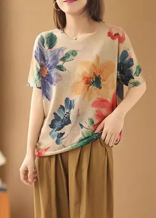 Loose Big Flower O-Neck Cozy Cotton Knit Top Short Sleeve Ada Fashion