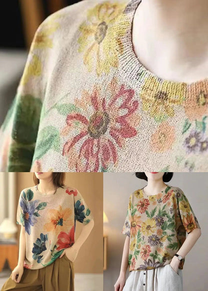 Loose Big Flower O-Neck Cozy Cotton Knit Top Short Sleeve Ada Fashion