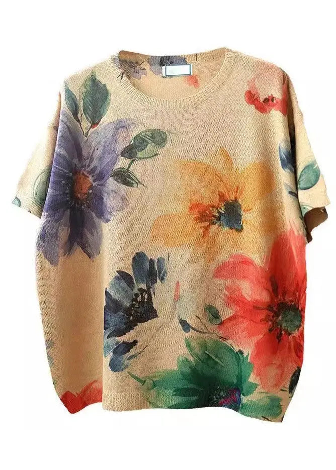 Loose Big Flower O-Neck Cozy Cotton Knit Top Short Sleeve Ada Fashion