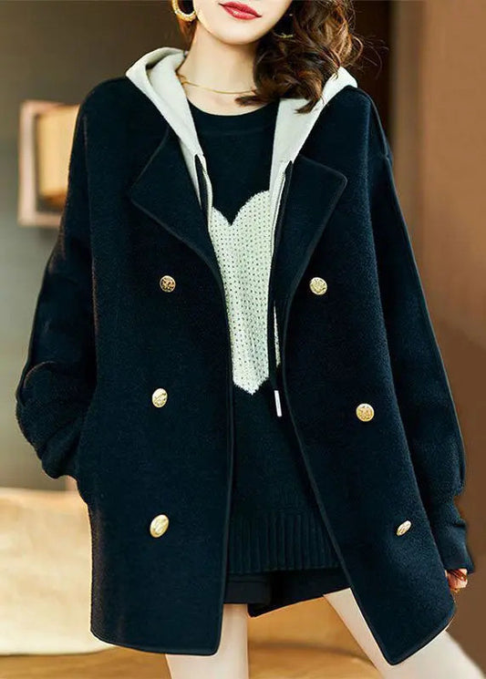 Loose Black Drawstring Patchwork Pockets Woolen Hooded Coats Long Sleeve Ada Fashion