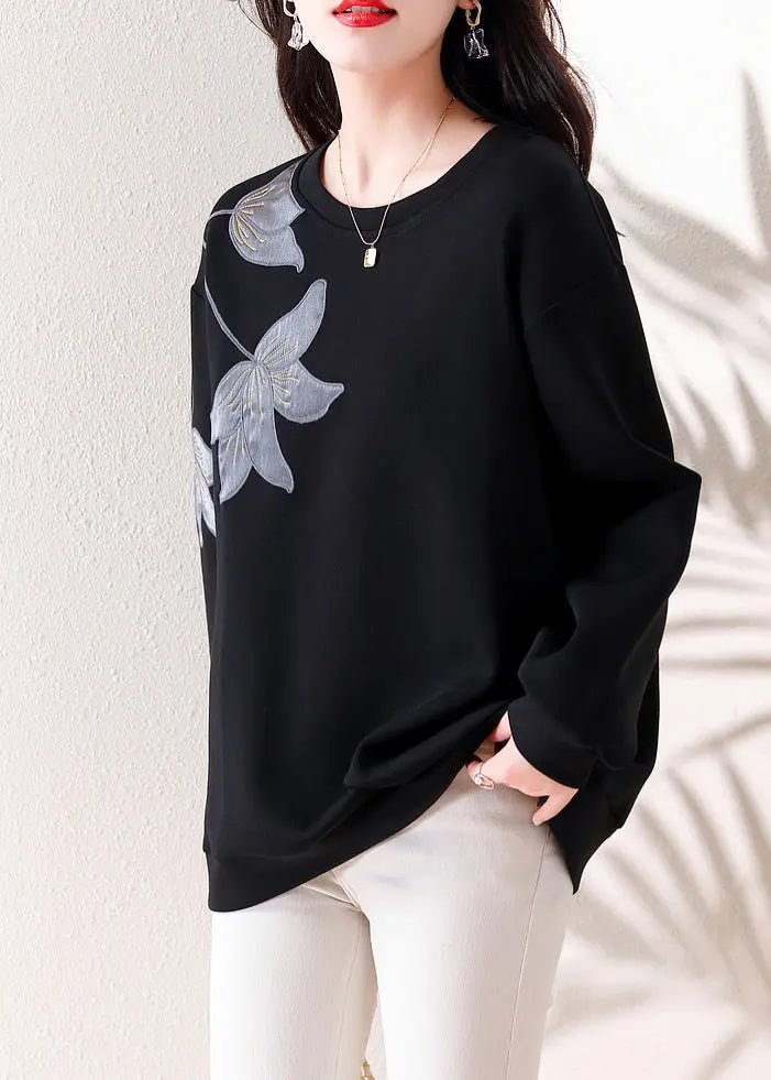 Loose Black O Neck Embroidered Patchwork Cotton Tops Fall Ada Fashion