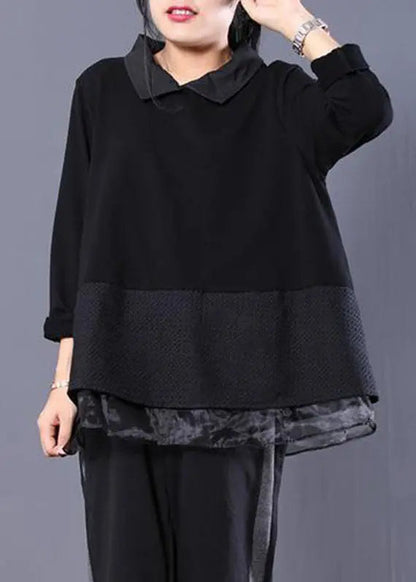 Loose Black Peter Pan Collar Fake Two Pieces Sweatshirt Long Sleeve Ada Fashion