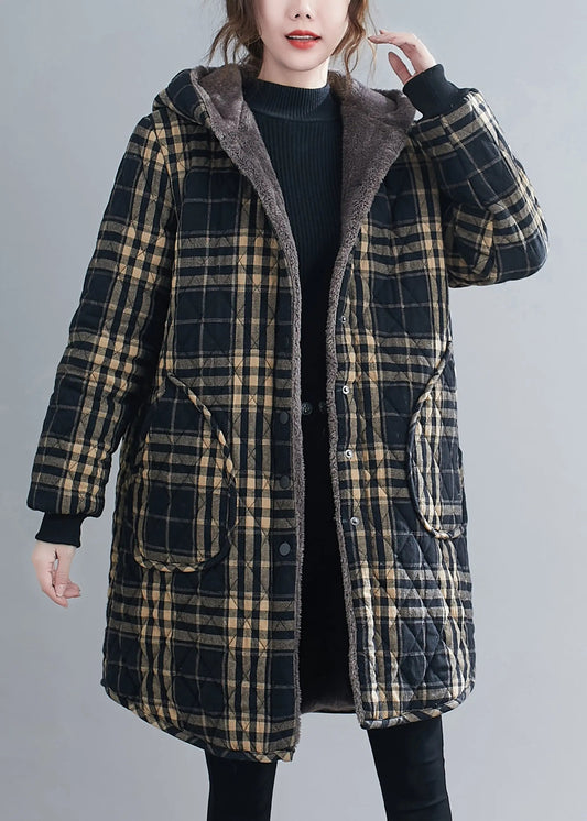 Loose Black Plaid Hooded Pockets Warm Fleece Parka Winter Ada Fashion