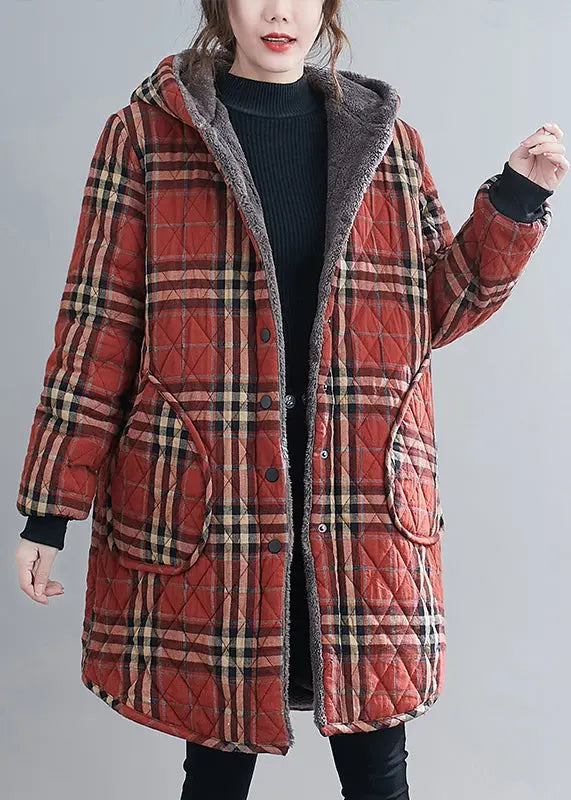 Loose Black Plaid Hooded Pockets Warm Fleece Parka Winter Ada Fashion