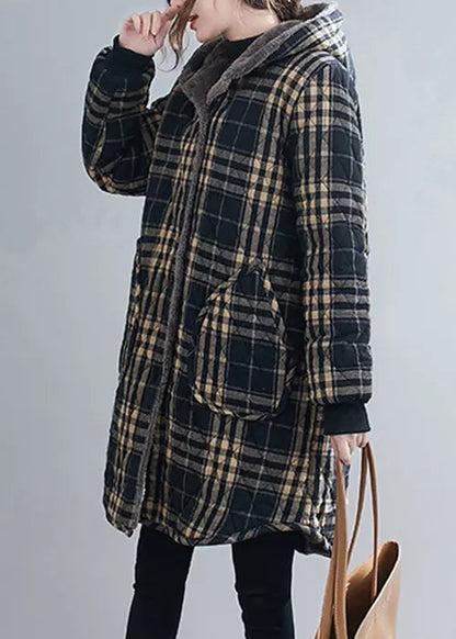 Loose Black Plaid Hooded Pockets Warm Fleece Parka Winter Ada Fashion