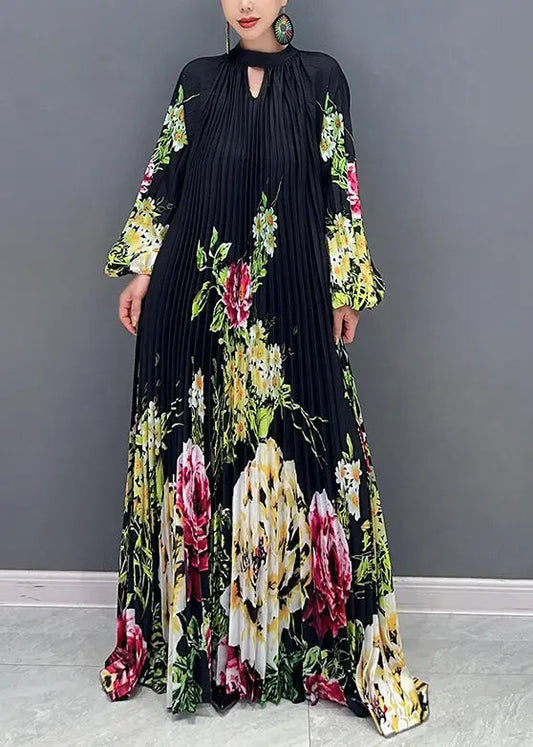 Loose Black Print Wrinkled Patchwork Chiffon Long Dresses Fall Ada Fashion