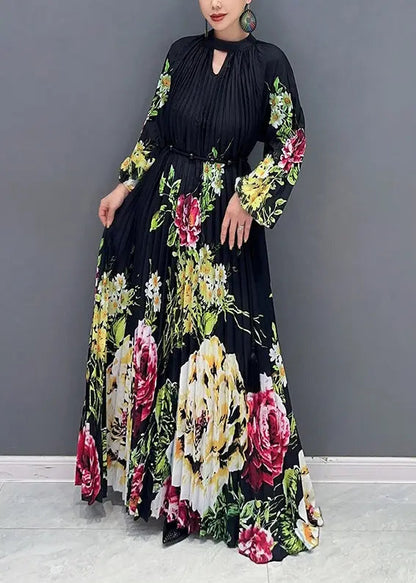 Loose Black Print Wrinkled Patchwork Chiffon Long Dresses Fall Ada Fashion