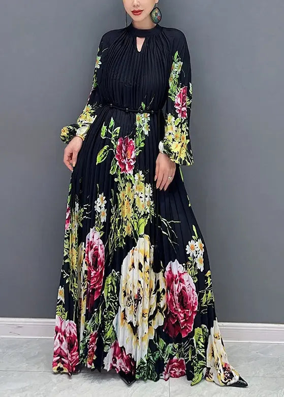 Loose Black Print Wrinkled Patchwork Chiffon Long Dresses Fall Ada Fashion