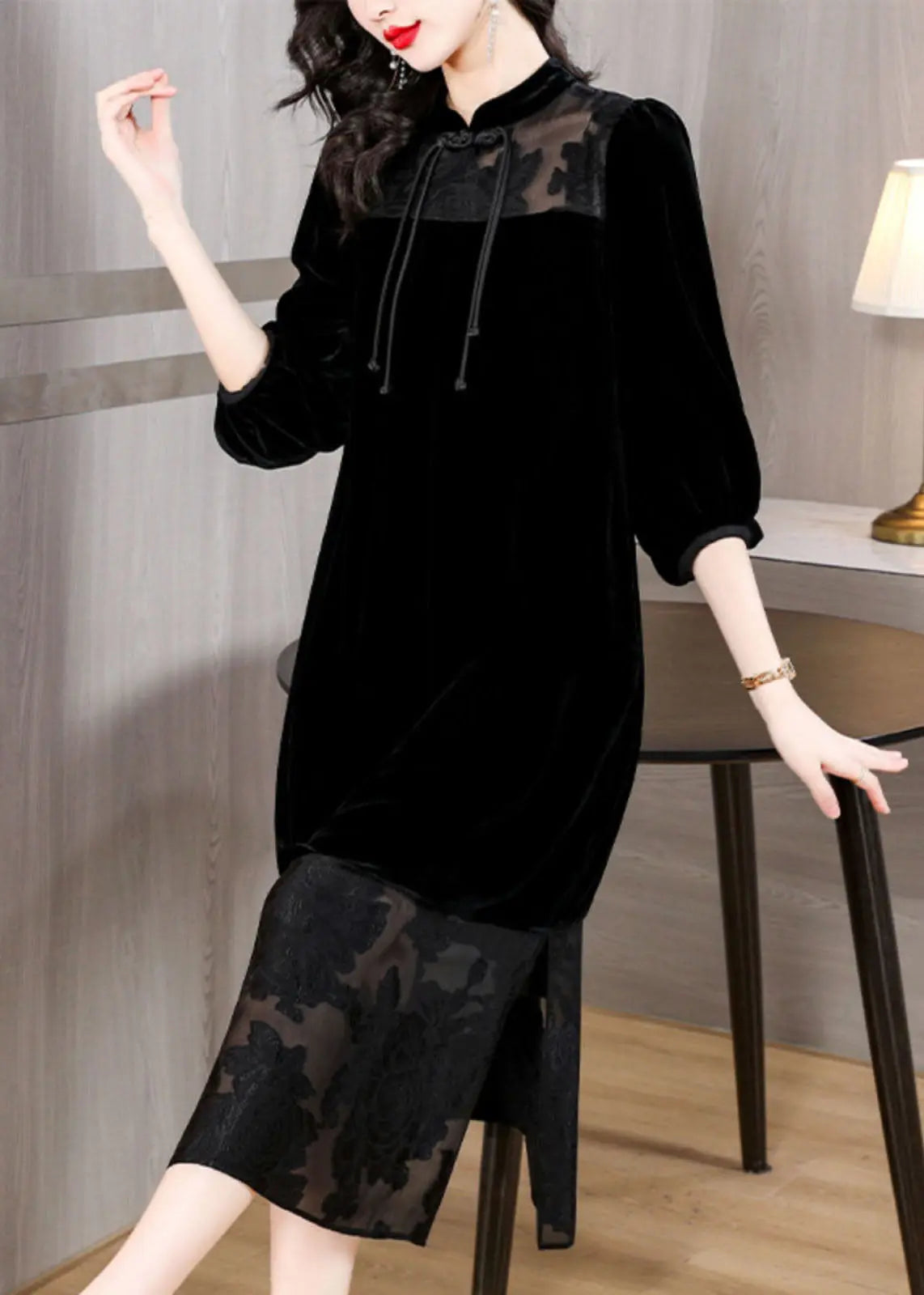 Loose Black Tulle Patchwork Side Open Silk Velour Dress Bracelet Sleeve Ada Fashion