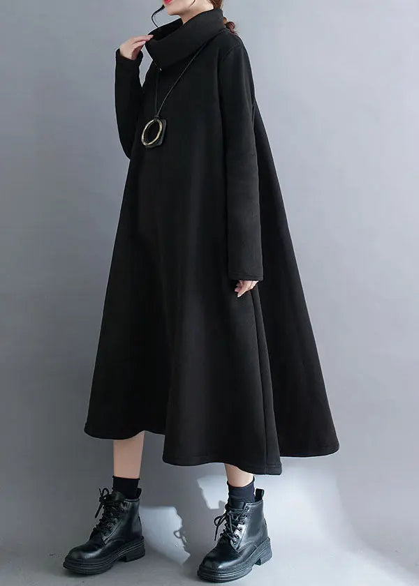 Loose Black Turtleneck Fleece Dress Long Dresses Long Sleeve Ada Fashion