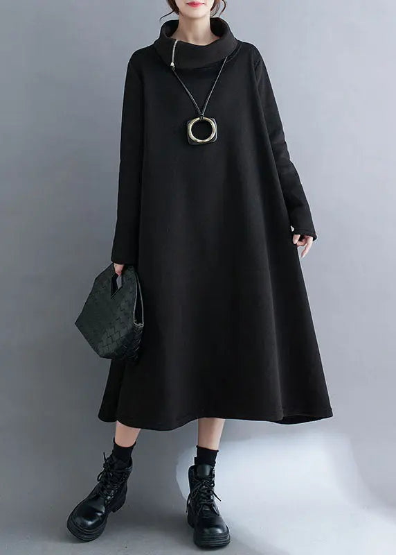 Loose Black Turtleneck Fleece Dress Long Dresses Long Sleeve Ada Fashion