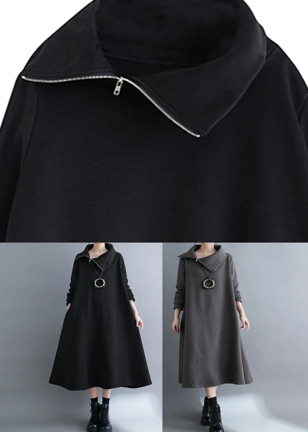 Loose Black Turtleneck Fleece Dress Long Dresses Long Sleeve Ada Fashion