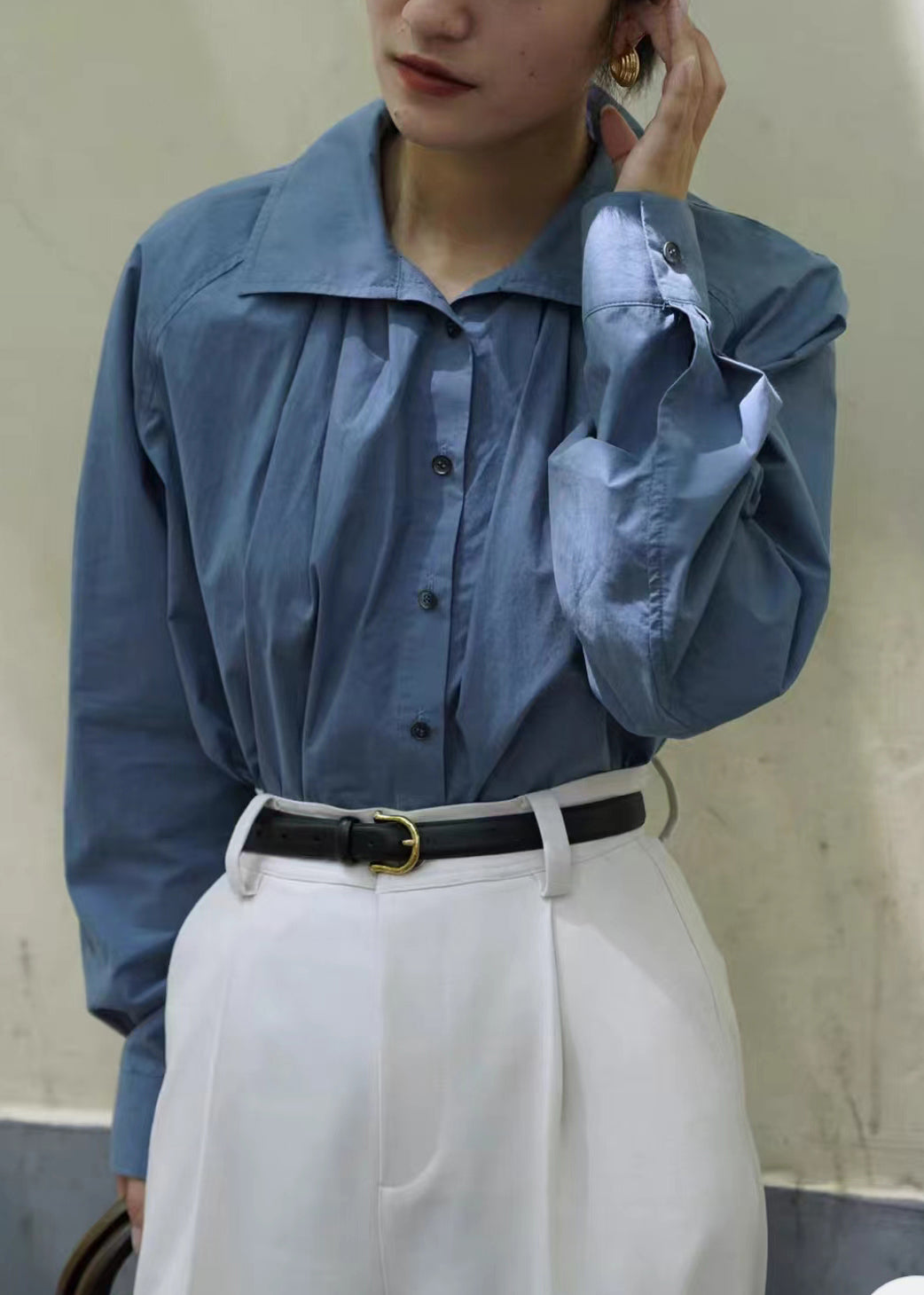 Blue Button Wrinkled Cotton Shirt Long Sleeve