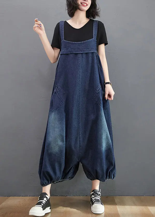 Loose Blue Pockets High Waist Patchwork Jumpsuits Sleeveless Ada Fashion
