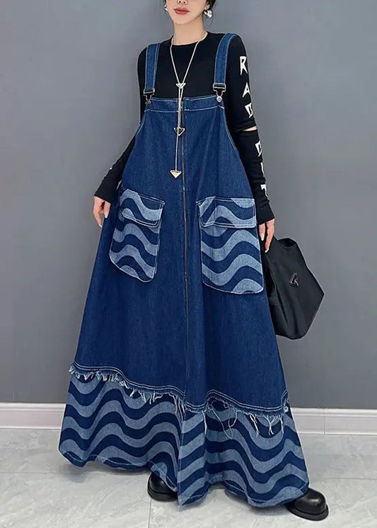 Loose Blue Pockets Patchwork Denim Spaghetti Strap Dress Dresses Fall Ada Fashion