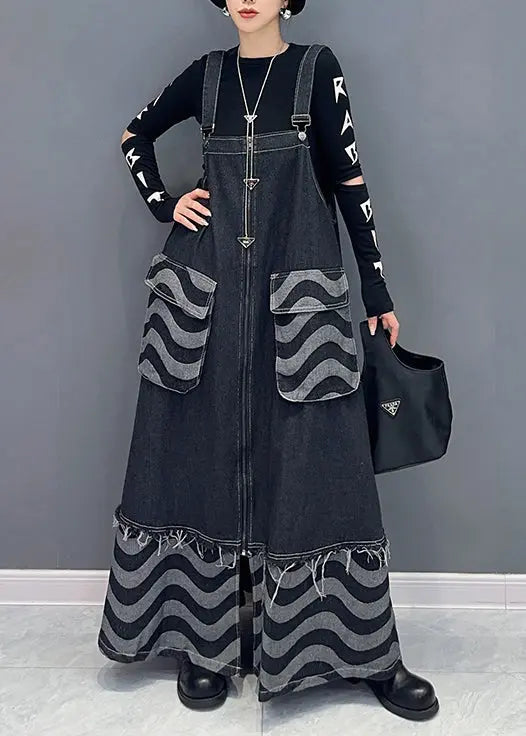 Loose Blue Pockets Patchwork Denim Spaghetti Strap Dress Dresses Fall Ada Fashion