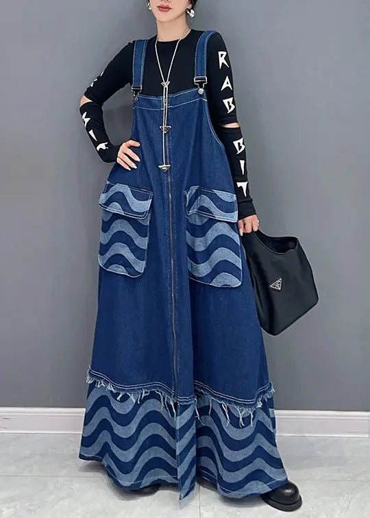 Loose Blue Pockets Patchwork Denim Spaghetti Strap Dress Dresses Fall Ada Fashion