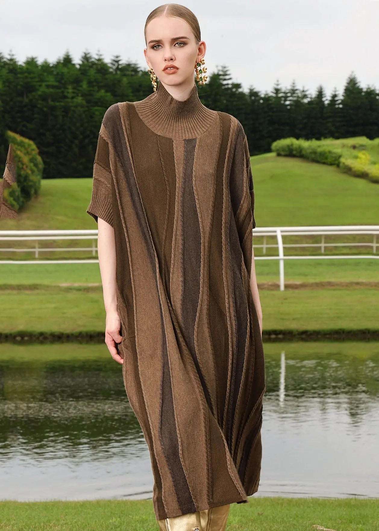 Loose Brown Striped Patchwork Woolen Knit Sweaters Long Dresses Short Sleeve Ada Fashion