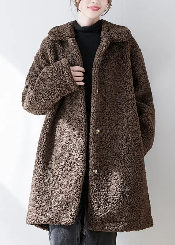 Loose Coffee Peter Pan Collar Pockets Button Faux Fur Coat Fall Ada Fashion