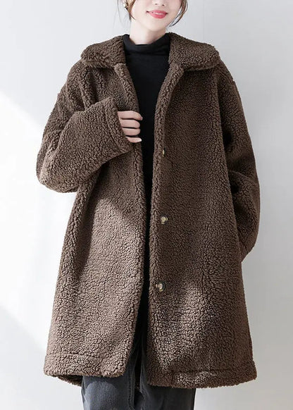 Loose Coffee Peter Pan Collar Pockets Button Faux Fur Coat Fall Ada Fashion