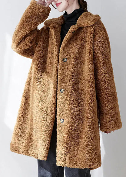 Loose Coffee Peter Pan Collar Pockets Button Faux Fur Coat Fall Ada Fashion