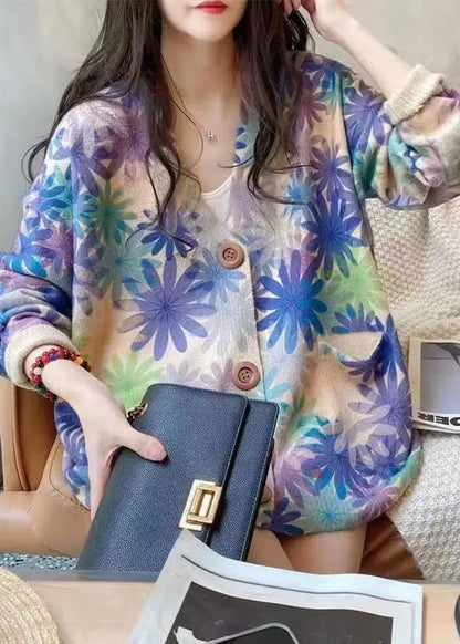 Loose Colorblock Button Pockets Mink Hair Knitted Coats Fall Ada Fashion