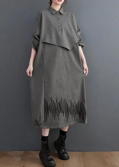 Loose Dark Gray Pockets Patchwork False Two Pieces Cotton Dress Fall Ada Fashion