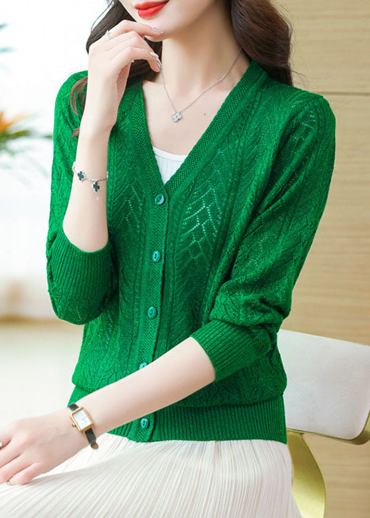 Loose Green V Neck Hollow Out Button Patchwork Knit Cardigans Fall Ada Fashion