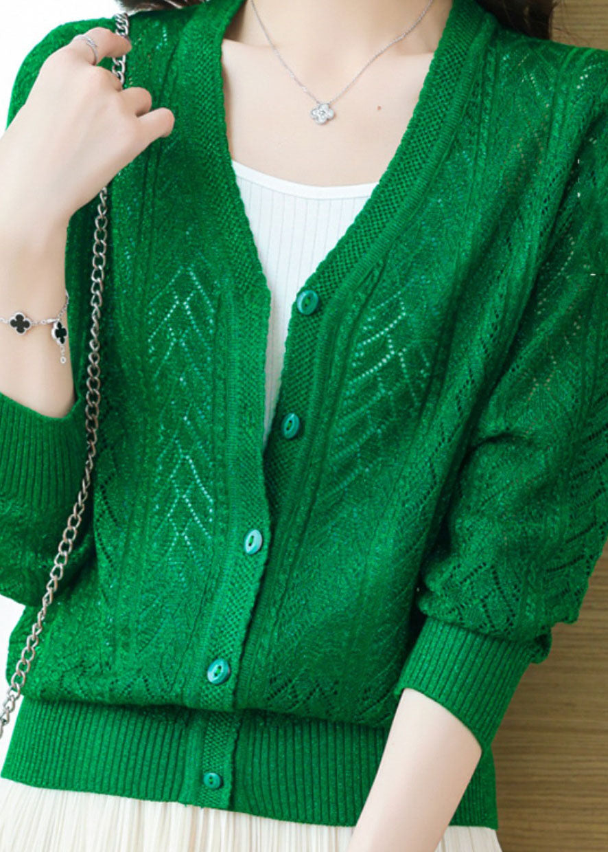 Loose Green V Neck Hollow Out Button Patchwork Knit Cardigans Fall Ada Fashion