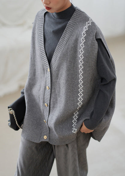 Gilet en tricot confortable à boutons gris ample sans manches