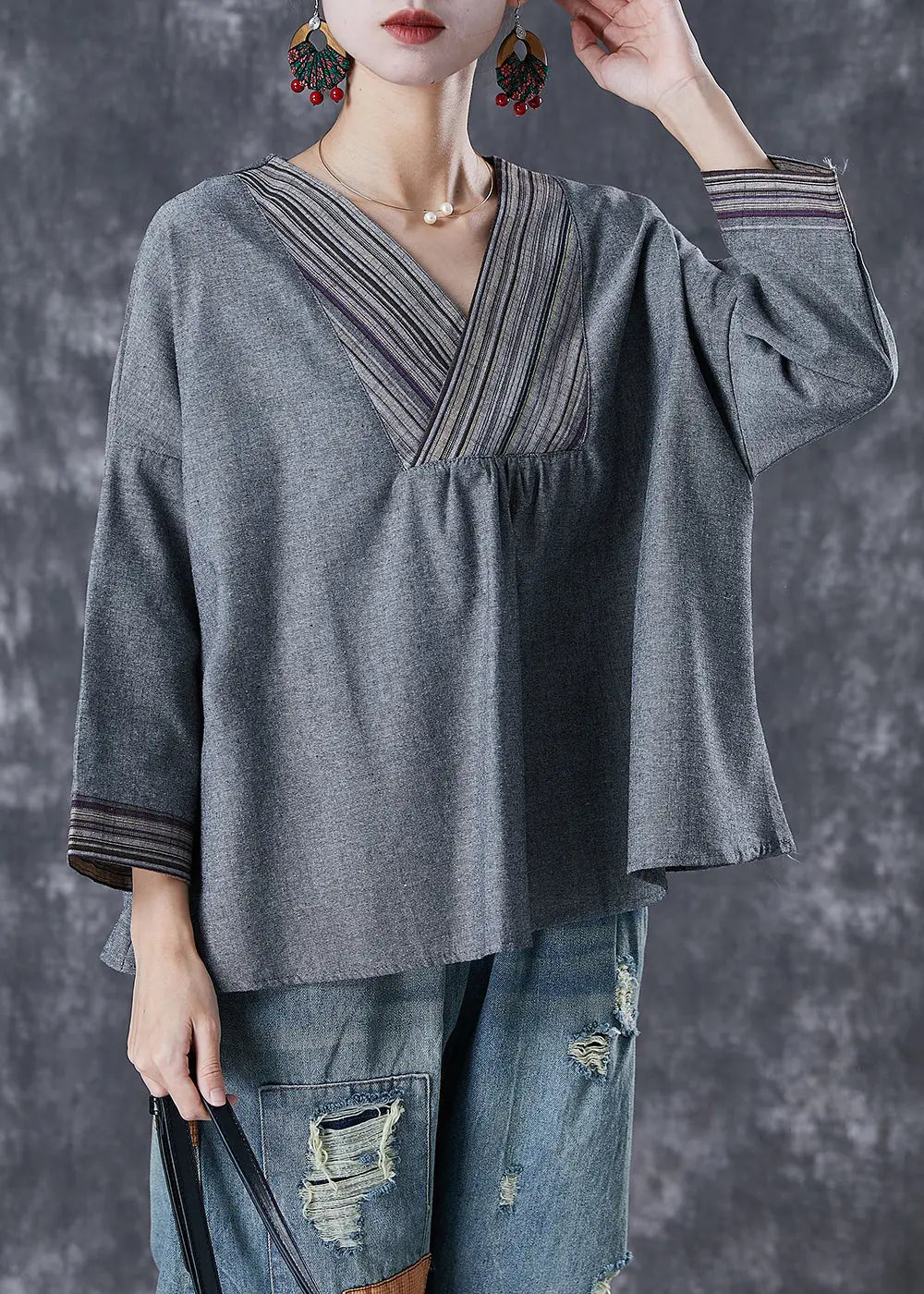 Loose Grey V Neck Patchwork Cotton Blouses Fall Ada Fashion