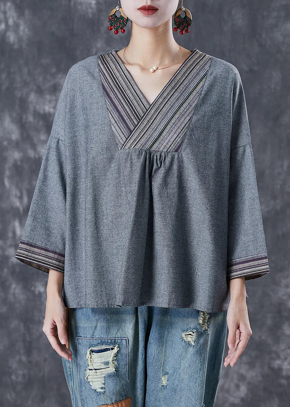 Loose Grey V Neck Patchwork Cotton Blouses Fall Ada Fashion