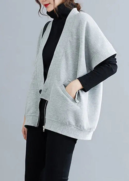 Loose Grey Zippered Button Patchwork Cotton Waistcoat Fall Ada Fashion